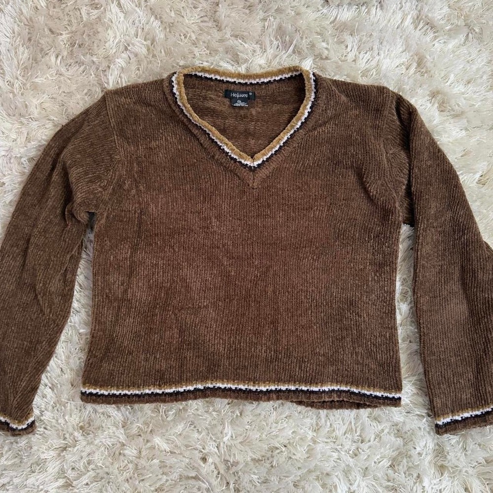 Helium Retro Goblincore Brown Fuzzy V-Neck Cropped Sweater Top Womens Medium‎
